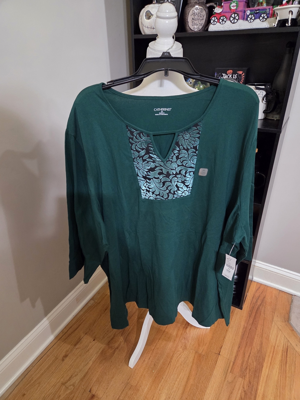 Catherines Dark Green V-Neck Tunic with Embroidered Yoke